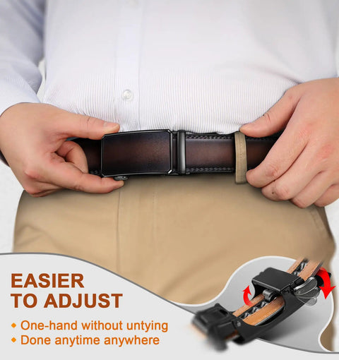 Two Pack Leather Ratchet Belts For Men With Easy Click Buckle Cut-To-Fit 1 3/8 Inch Wide Adjustable 32 To 38 Inch Waist Black And Deep Brown Built For Quick Adjustments And All Day Comfort On The Go