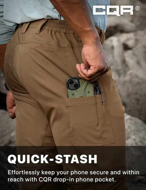 Back view of Mens Convertible Cargo Pants For Hiking And Work Water Resistant Zip Off Stretch Tactical Pants with phone in pocket