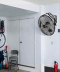 18 Inch Wall Mount Fan With 3 Speeds IP44 Waterproof Up To 4150 CFM ETL Listed Black Rust Resistant in a garage setting