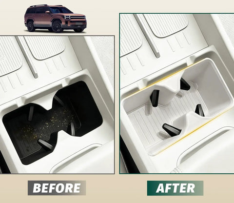 Hyundai Santa Fe 2024 2025 2026 cup holder insert with wireless charging pad protector white interior 2 pack before and after comparison