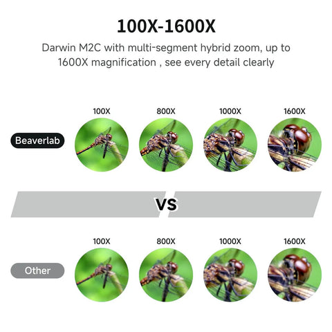 Portable Digital Microscope for Kids with 4 Inch IPS Screen 1080P Pocket Microscope for Kids Ages 8 12 Works with iPhone Android and PC Totally Cool STEM Gift for Curious Minds showing 100X-1600X magnification comparison