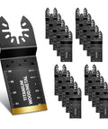 Front view: 20-piece titanium-coated oscillating tool blade set; 1 titanium wood/metal blade + 19 wood blades; universal fit