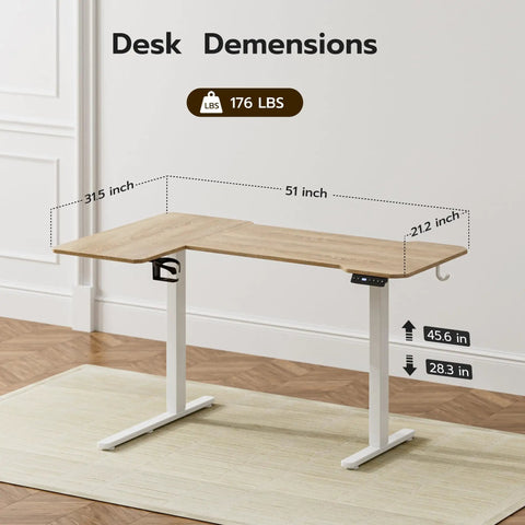 Acrolix L Shaped Electric Standing Desk 51x31.5 Inch dimensions showing ergonomic design and specifications for small office use.