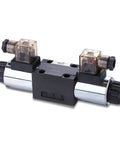 Hydraulic solenoid valve, 4-way, size 6, dual coils, chrome body with black center block