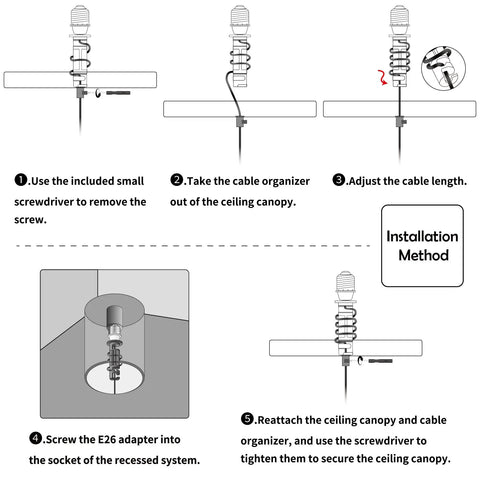 Kiven Instant Light Conversion Kit for 4/5/6inch Hole installation guide, steps to attach E26 adapter and adjust cable.