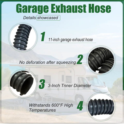 Details of Garage Exhaust Hose including 3-Inch Inner Diameter, 11-Foot length, heat resistance, with two clamps