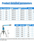 Infographic of Heavy Duty Hydraulic Gear Bearing Puller 15 Ton Wheel Hub Removal Tool specifications and parameters.