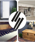 Badass 16 Inch Continuous Piano Hinges 4 Pack Heavy Duty Stainless Steel Hardware For Folding Cabinet Doors Rock Solid Construction With Quick Mount Install Black displayed with cabinet door, piano keys, and decorative chest.