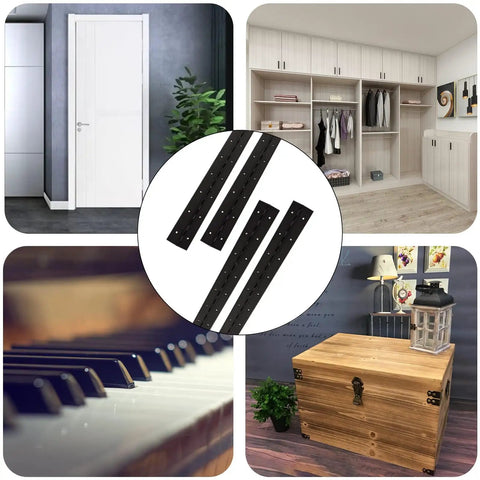 Badass 16 Inch Continuous Piano Hinges 4 Pack Heavy Duty Stainless Steel Hardware For Folding Cabinet Doors Rock Solid Construction With Quick Mount Install Black displayed with cabinet door, piano keys, and decorative chest.