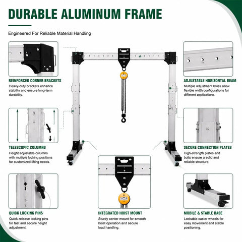 Straight Up Adjustable Aluminum Gantry Crane Kit With Manual Chain Hoist showing durable frame details and features for material handling.