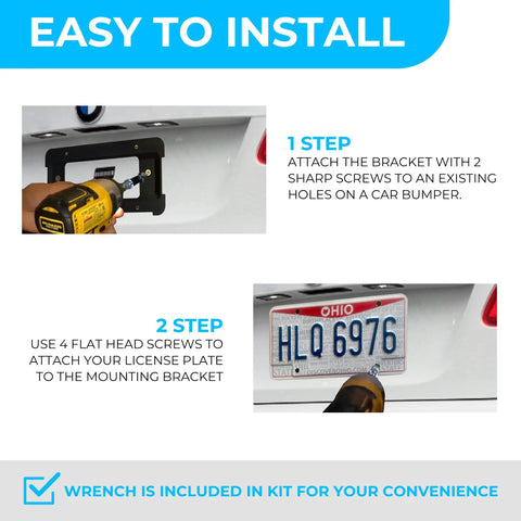 Installation guide for BMW Rear Bumper License Plate Bracket 2000 To 2026 with screws and wrench