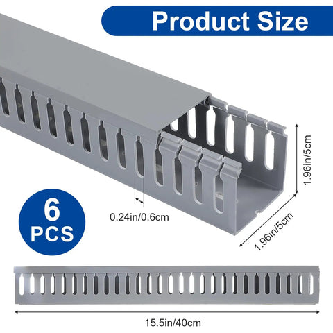 Six Piece Open Slot Wiring Raceway Duct For Under Desk Cable Management, Black PVC, detail with dimensions and vented slots