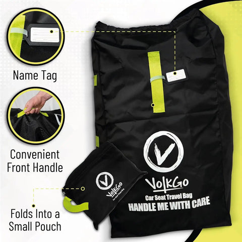 Image of Car Seat Travel Bag For Airplane With Dual Carrying Straps Gate Check Ready Durable Car Seat Cover For Flying, featuring name tag, front handle, and small pouch fold.