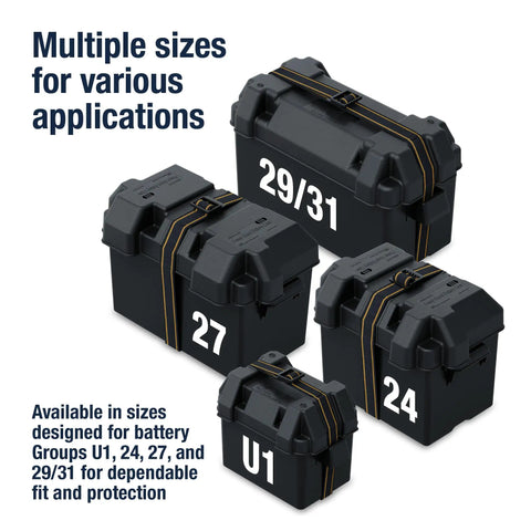 Rock Solid Battery Storage Box With Heavy Duty Mounting Strap Built Tough As Nails For Marine And RV Use fits various sizes including Group 27.