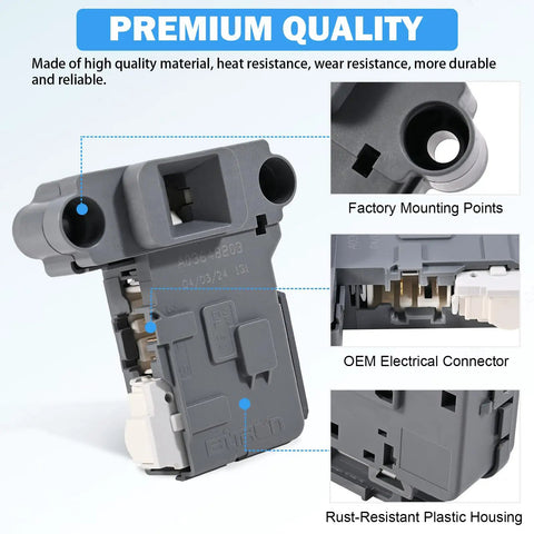 Washer Door Lock Assembly Replacement With Easy Install For 5304505231 5304514774 Fits Washers Cross References AP6329665 PS12365826 EAP12365826 4839359 A03648203 PD00057822 AFR18027 AP6029853 PS11759823 EAP11759823 4452371 ES5231 PD00045641 gray plastic washer door lock with 3-terminal connector