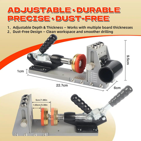 Pocket Hole Jig Kit With Vacuum Dust Collection, All Metal Pro Grade Build, dimensions and adjustable features shown.