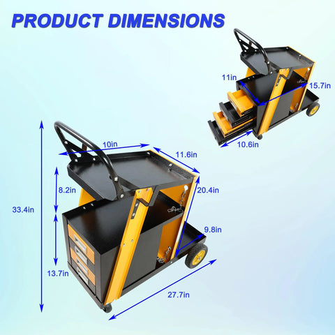 Heavy Duty Welding Cart With Two Tiers And 360 Degree Rolling Mobility Four Drawers And Tank Storage Safety Chains Built For TIG MIG And Plasma Cutter Tough As Nails Steel Construction 280 Pound Capacity Easy Roll Welder Organizer dimensions