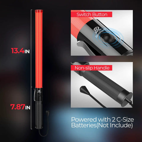 Close-up of Two Pack 21 Inch LED Traffic Wands with dual flash modes, showing switch button and non-slip handle details.