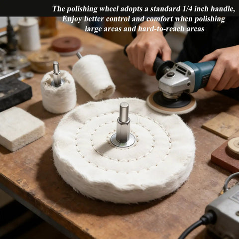 Six Piece Drill Buffing Wheel Kit with 1/4 inch shank on workbench, used on metal and wood surfaces for polishing.