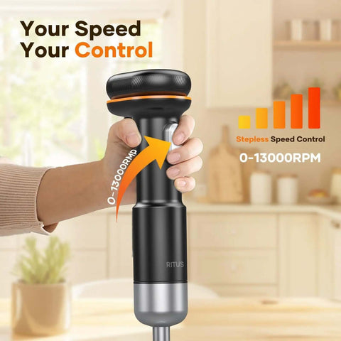 Cordless Immersion Blender With Removable 6000mAh Battery And Magnetic Fast Charging 5 In 1 Hand Mixer showing speed control feature up to 13000 RPM.
