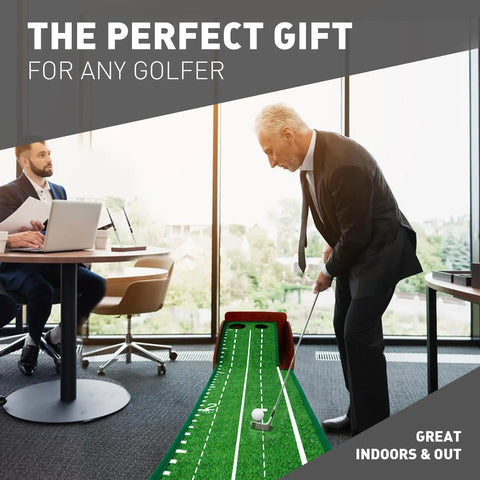 Indoor Putting Green With Automatic Ball Return, Solid Wood Frame, Realistic Roll in office setting with man practicing putting