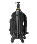 Eight Wheel Spinner Camera Backpack For DSLRs And Gear With Tuckaway Harness Converts To Everyday Pack showing tripod attachment.