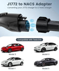 J1772 To Nacs Ev Charging Adapter For Tesla Model 3 Y X S Max 60 Amps Fast Charging with connection details and car models