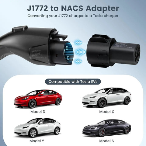 J1772 To Nacs Ev Charging Adapter For Tesla Model 3 Y X S Max 60 Amps Fast Charging with connection details and car models