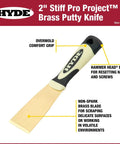 Pro Grade 2 Inch Stiff Brass Putty Knife For Scraping And Spreading with overmold comfort grip and hammer head end.