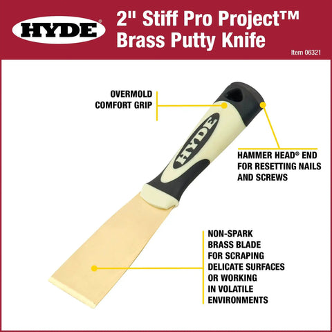 Pro Grade 2 Inch Stiff Brass Putty Knife For Scraping And Spreading with overmold comfort grip and hammer head end.