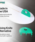 Premium Table Saw Safety Splitter Stops Kickback Cold For One Eighth Inch Kerf Blades, green riving knife alternative shown on table.