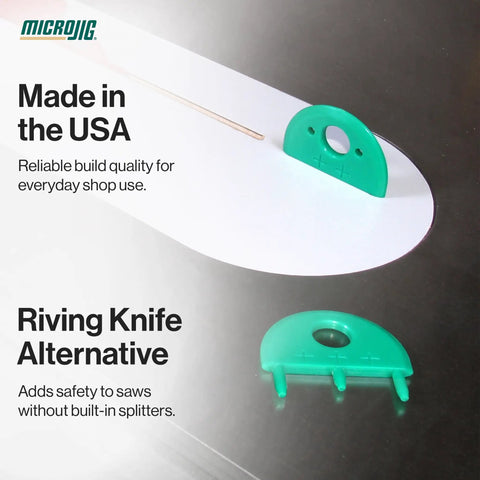 Premium Table Saw Safety Splitter Stops Kickback Cold For One Eighth Inch Kerf Blades, green riving knife alternative shown on table.