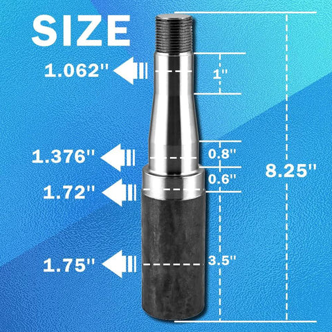 Front view of steel trailer idler hub spindle with threaded top and black base on blue measurement background