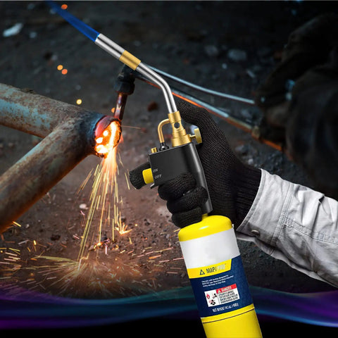 Heavy Duty High Intensity Mapp Gas Propane Torch for welding with trigger start, ergonomic handle, and brass head in use