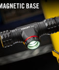 1200 Lumen USB C Rechargeable Dual Power Headlamp With Twist Focus Beam And Magnetic Base attached to metal surface