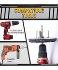 Adjustable Hole Saw Kit 45 To 130mm For Power Cordless Drill Or Screwdriver DIY Woodworking Tool with compatible tools shown