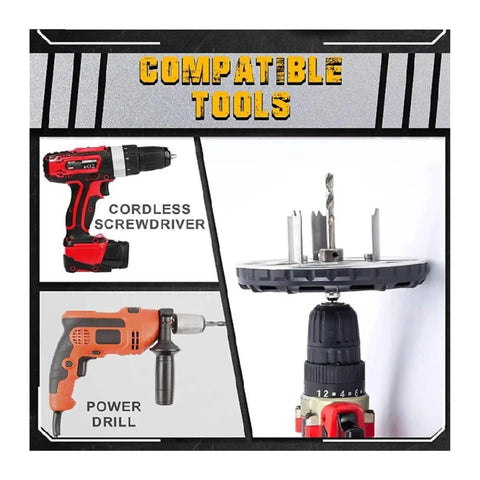 Adjustable Hole Saw Kit 45 To 130mm For Power Cordless Drill Or Screwdriver DIY Woodworking Tool with compatible tools shown