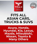 Label showing compatibility of Triax PSF for All Asian Cars, Trucks, SUVs including Honda, Toyota, Lexus, Acura, Nissan.