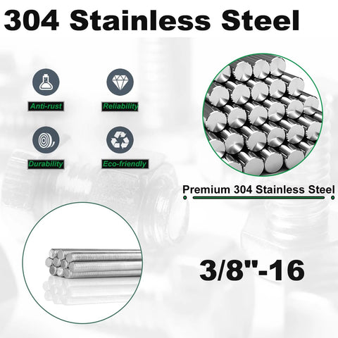 Two 3/8-16 in fully threaded stainless steel rods, 12 in length, 304 stainless, UNC right-hand threads