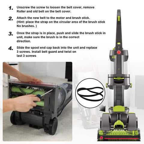 Replacement Belts For Dual Power Max Carpet Vacuum Cleaner Compatible With FH51000 FH51001 FH51002 FH51010 FH54010 FH51000RM FH51000NC FH54000 Easy To Install Durable Pack Of 2, installed and shown with repair instructions.