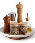 Super Smooth Spinning Ceramic Lazy Susan Tray With Natural Acacia Wood Base Round Rotating Kitchen Counter Organizer And Farmhouse Condiment Holder Totally Game Changer with spices and condiments.