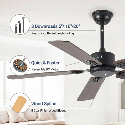Diagram of 52 Inch Wood Dual Finish Ceiling Fan With Remote, Reversible DC Motor, dark walnut and black blades.