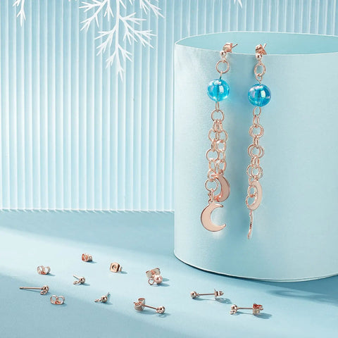 Rose Gold Ball Stud Earrings Pack 30 Hypoallergenic Stainless Steel Posts With Loops And Ear Nuts Dope For Jewelry Making DIY Earrings Crafting 14x3mm Everyday, blue bead chain pair