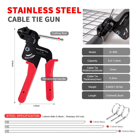 Heavy Duty Metal Zip Tie Gun Set With 150 Pieces Stainless Steel Zip Ties For Fastening And Cutting Ties, Ideal For Chain Link Fence Parts, Wire Fence Rolls, Exhaust Wrap, Poultry Fence Projects