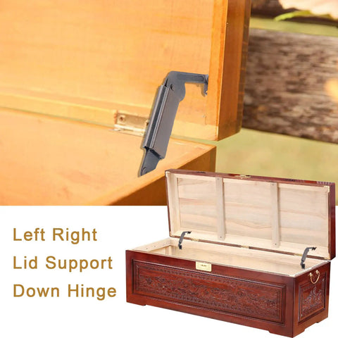 Spring Lid Support Hinges Pack 2 Left Right For Boxes And Cabinets Toy Boxes Red Bronze Finish shown in use on wooden chest.