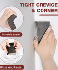Person using durable foam sponge in tight crevices for drywall refinishing, showcasing rinse and reuse feature.