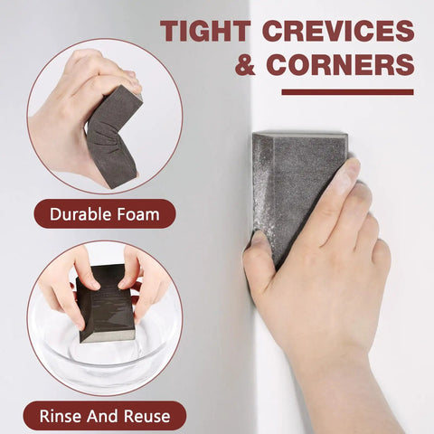 Person using durable foam sponge in tight crevices for drywall refinishing, showcasing rinse and reuse feature.