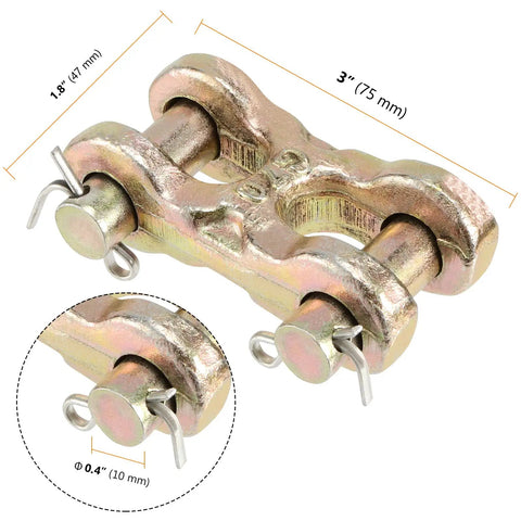 No Sweat Rigging 4 Pack 3/8 Double Clevis, Zinc Plated G70 Chain Repair Links shown from above with dimensions.