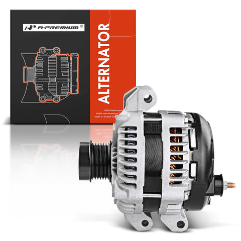 Alternator For Chrysler 300, Dodge Challenger, Charger, Durango, Grand Cherokee And Ram 1500 3.6L V6 12V 180A CW 6 Groove Clutch Pulley Replacement 4801778AF Fitment 2011 To 2021 front view with packaging