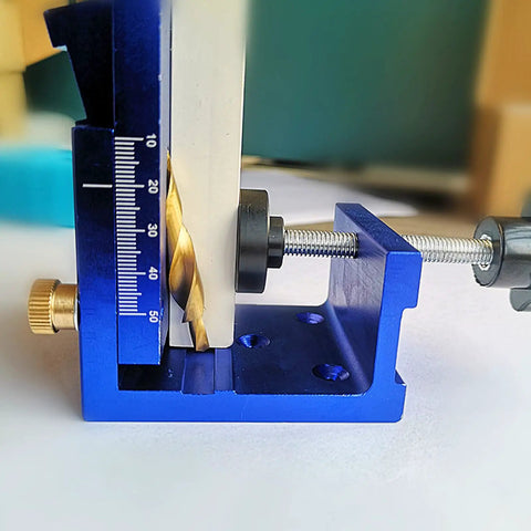 Rock Solid Oblique Hole Locator And Pocket Hole Jig Kit For Precise Woodworking Joint Alignment showing adjustable depth settings and drill bit.